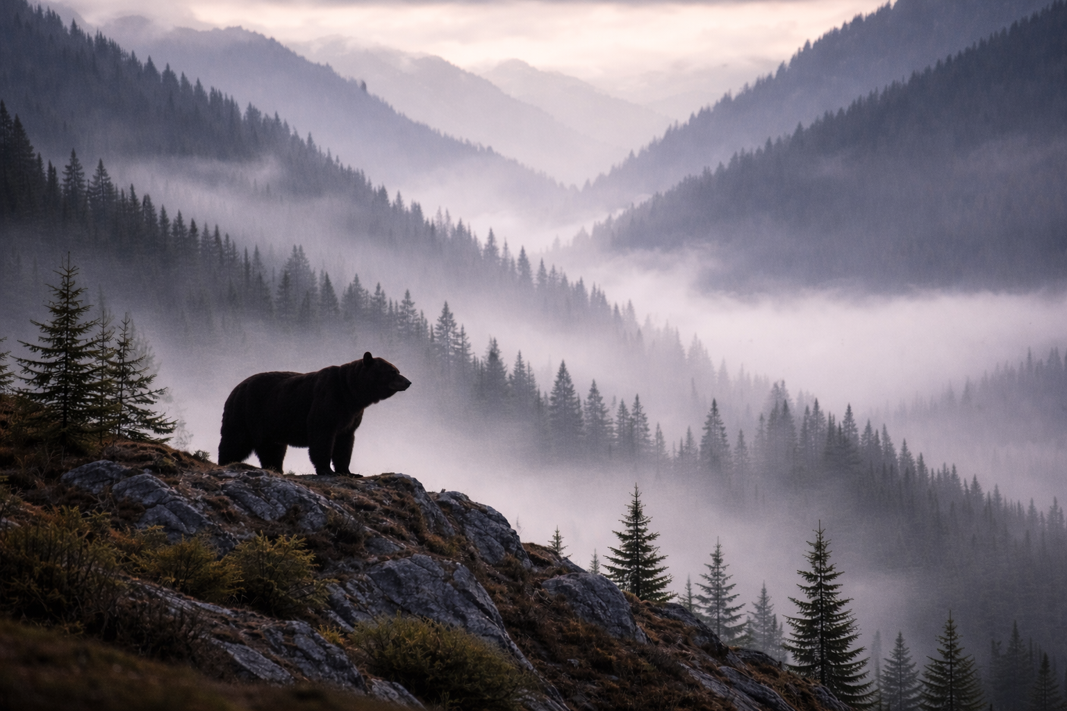 Grizzly bear in misty mountain wilderness at golden hour