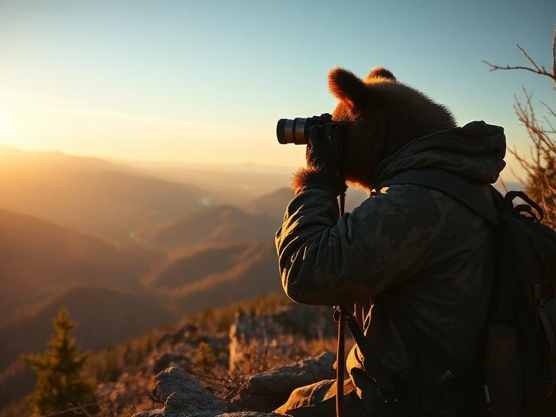 Hunter glassing from mountain ridge at sunrise